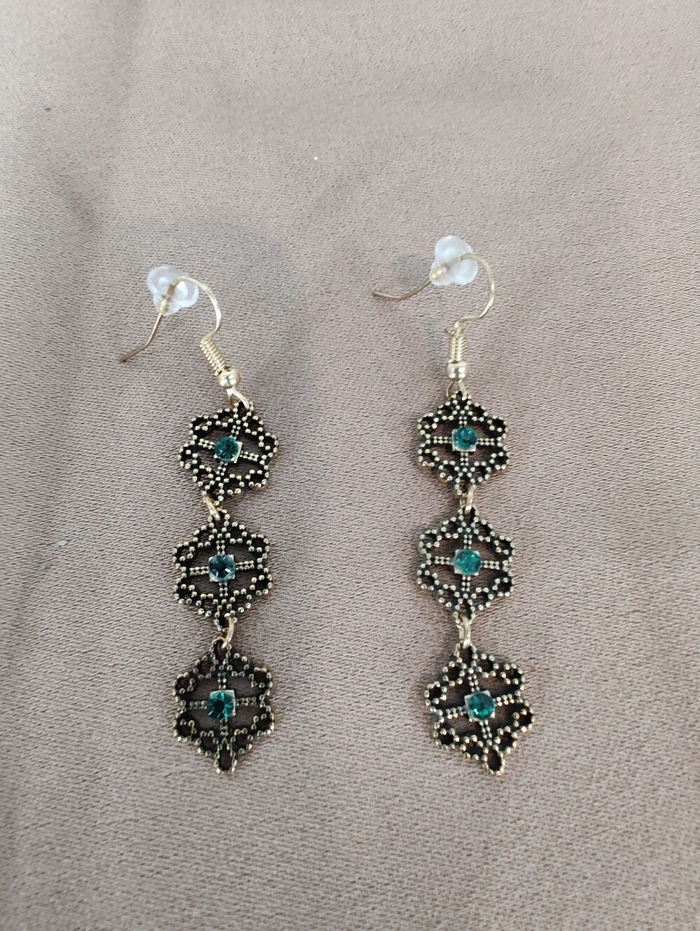 Gold-Tone Filigree Drop Earrings with Emerald Green Stones - Women Jewelry